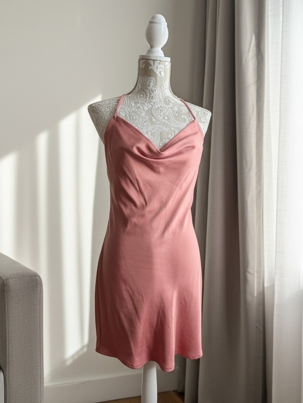 Blush Boutique Rose Champagne Cowl Neck Mini Party Slip Dress Size L